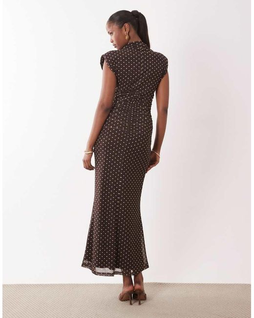 ASOS Brown Printed Mesh High Neck Detail Maxi Dress With Shoulder Pads