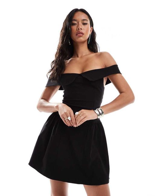 Vesper Black Bengaline Bardot Foldover Skater Dress