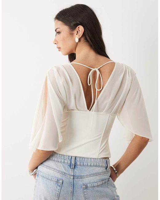 Gina Tricot White V Neck Floaty Sleeves Corset Top
