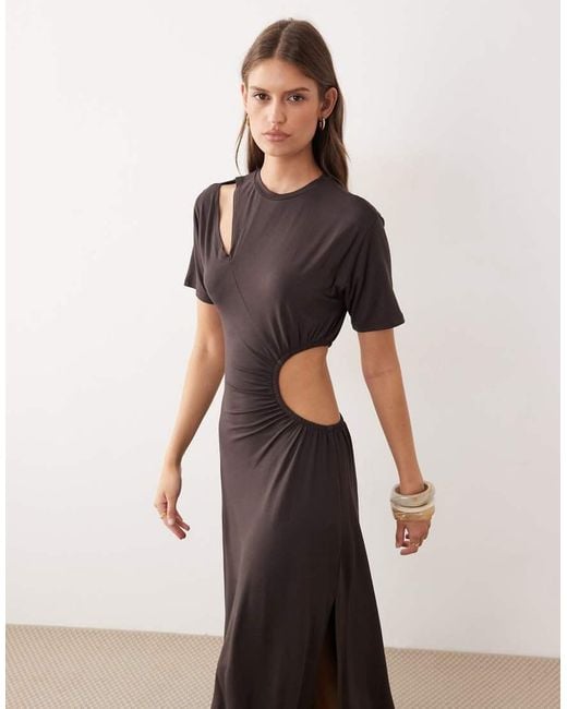 ASOS Brown Short Sleeve Maxi Dress With Cut Out Detail
