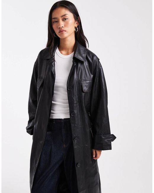 ASOS Blue Longline Leather Look Trench With Contrast Pockets