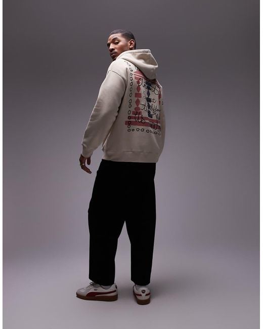 Felpa Oversize Color Pietra Slavato Con Cappuccio, Stampa Di Colonna E Ricamo di Topman in Gray da Uomo
