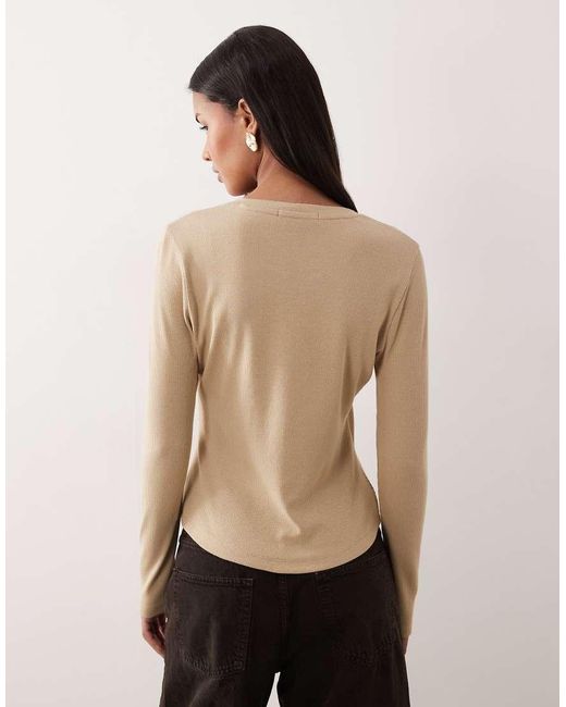Threadbare Natural Long Sleeve Button Through Ribbed Top
