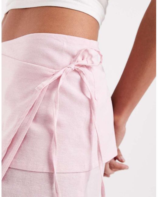 JJXX Pink Linen Blend Asymetric Tie Waist Mini Skirt