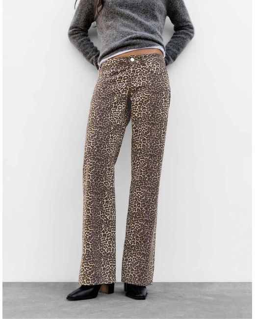 Pull&Bear Gray Leopard Print Straight-leg Jeans With Stud And Star Details