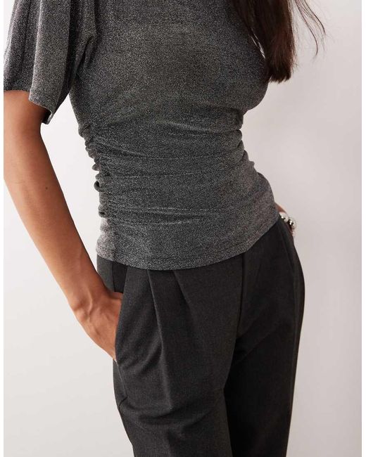 Aware Black Short Sleeve Ruched Detail Glitter Top