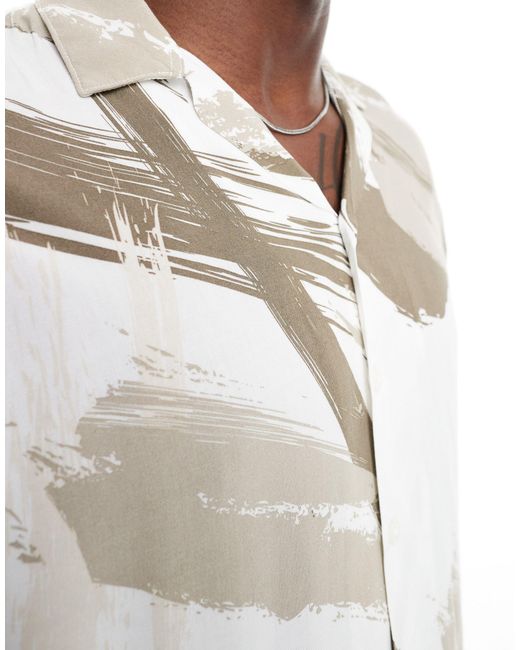 Camicia beige con stampa effetto pennellata e rever di Jack & Jones in Natural da Uomo