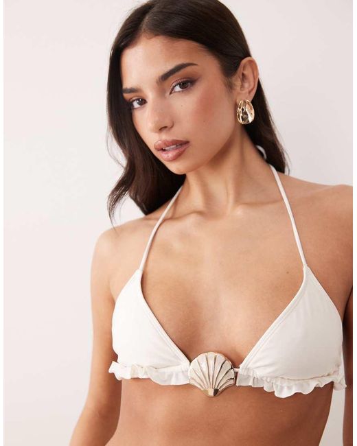 South Beach Natural Triangle Bikini Top With Shell Detail