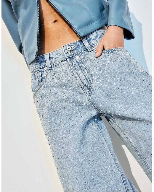 Stradivarius Blue Low-Rise Wide-Leg Jeans With Rhinestones
