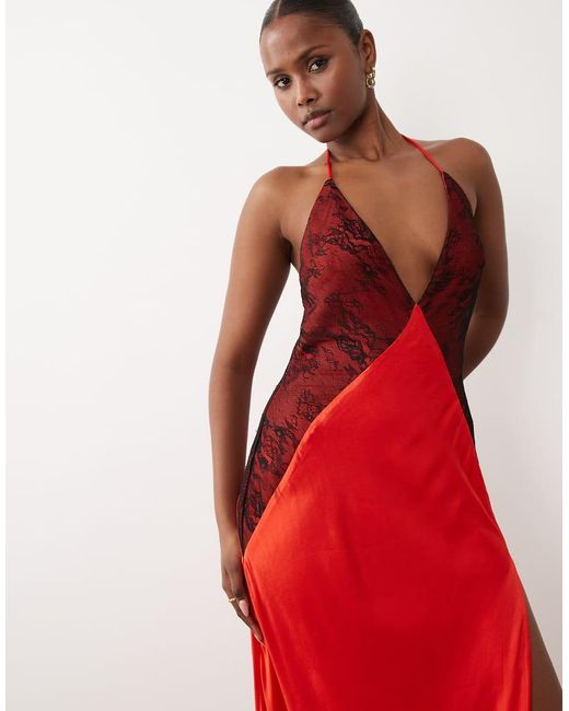 Bardot Red Estrella Exclusive Halter Maxi Dress With Lace Detail