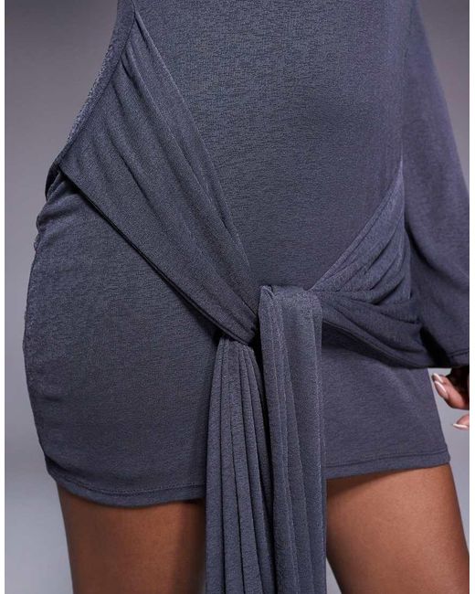 ASOS Blue Fluted Sleeve Tie Waist Mini Dress Charcoal