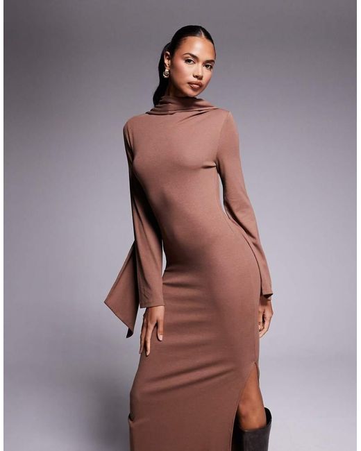 ASOS Purple Scarf Detail Fluted Sleeve Midi Dress