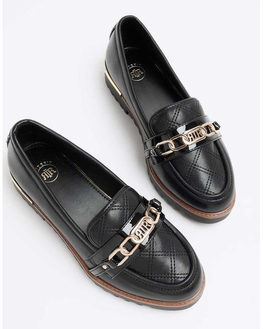 River Island Black Quilted Loafer With Chain Detail