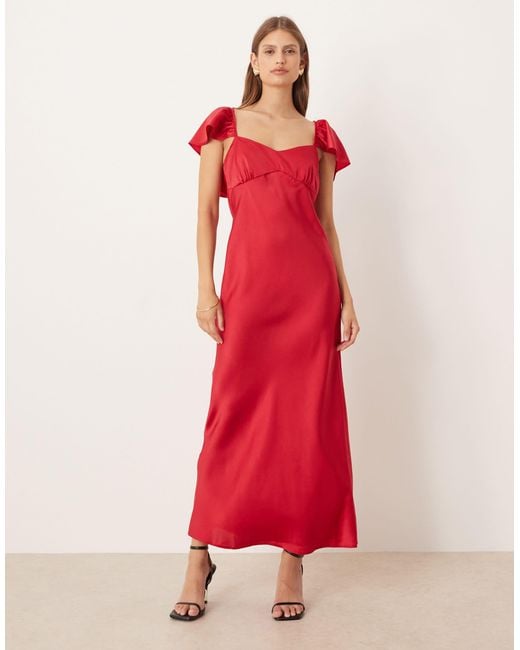 ASOS Women's Red Flutter Sleeve Satin Midi Dress