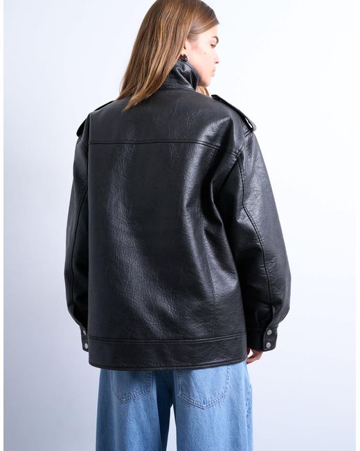 TOPSHOP Leather Look Oversized Funnel Neck Zip Through Jacket In Blue 