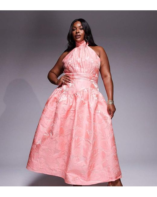 ASOS Pink Curve Jacquard Maxi Dress With Bow