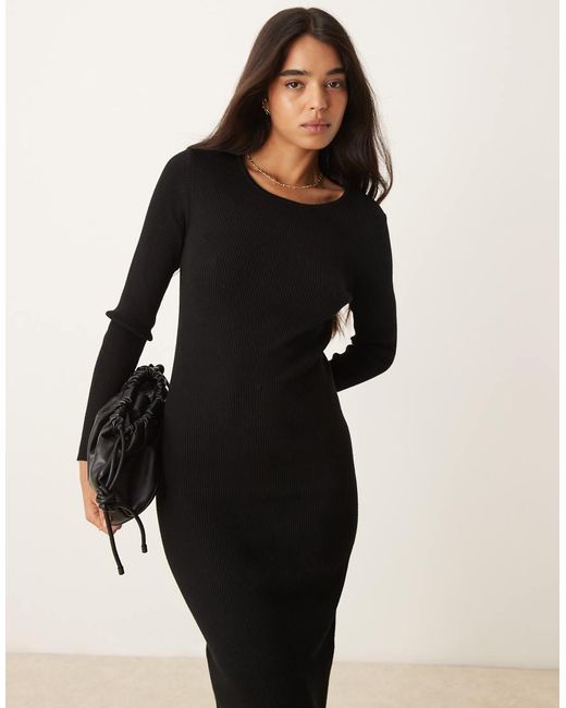 Vila Black Ribbed Knit Long Sleeve Midi Dress