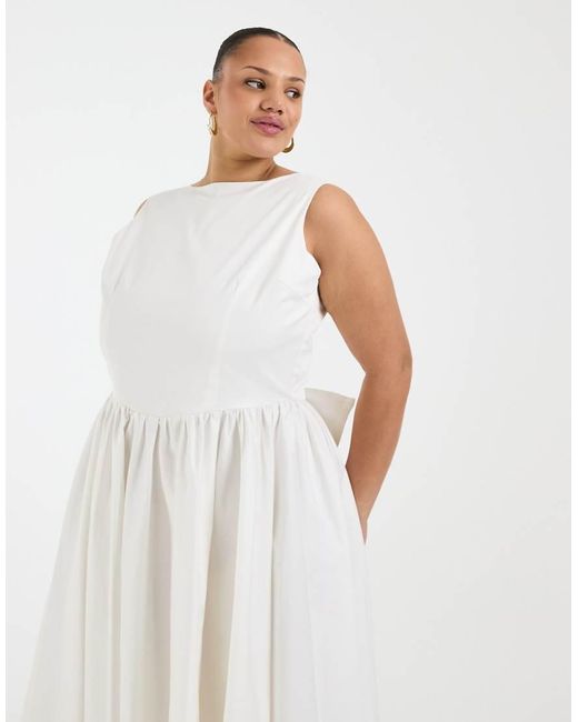 Tfnc Plus White Bridal Boat Neck Bow Back Cotton Midi Dress