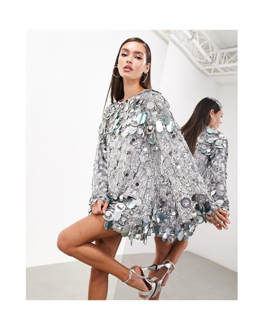ASOS Gray Stacked Multi Sequin Loose Fit Mini Dress