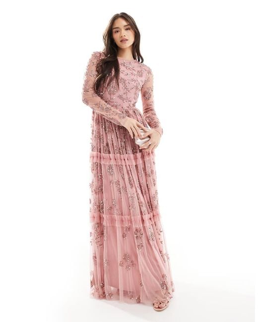 Maya Pink Embellished Long Sleeve Maxi Dress