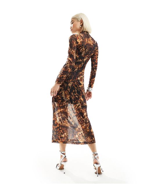 AllSaints Brown Hanna Spark Printed Mesh Midi Dress
