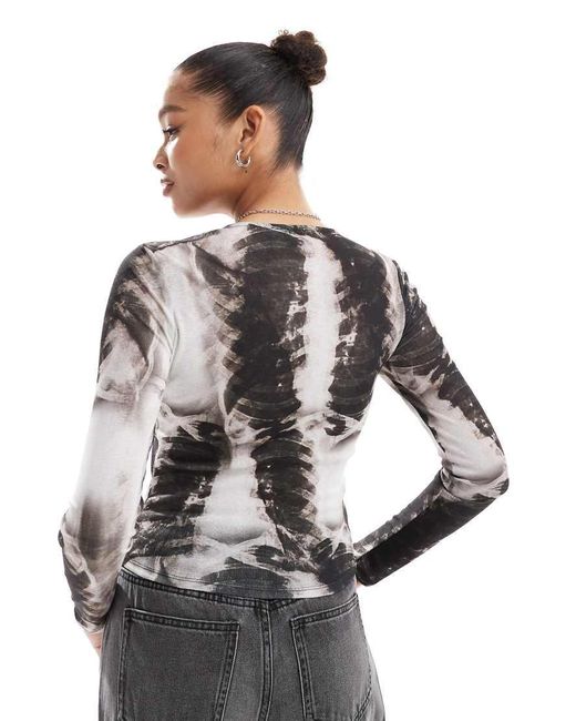 ASOS Gray Mesh Ribcage Printed Long Sleeve Top