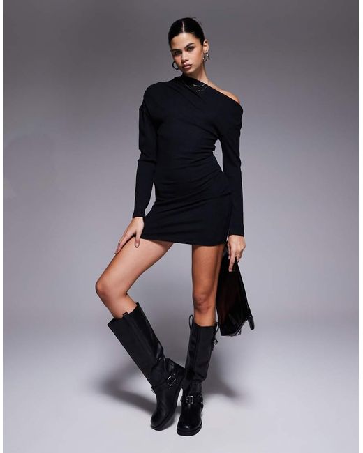 ASOS Blue Ribbed Asym Neckline Fitted Mini Dress