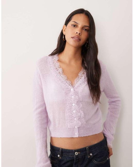 Miss Selfridge Purple Wool And Mohair Lace Trim Fine Gauge Cardigan