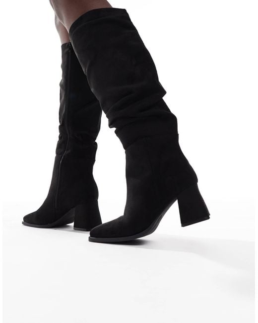 SEQWL Wide Fit Black Fished Slouchy Block Heel Knee Boots