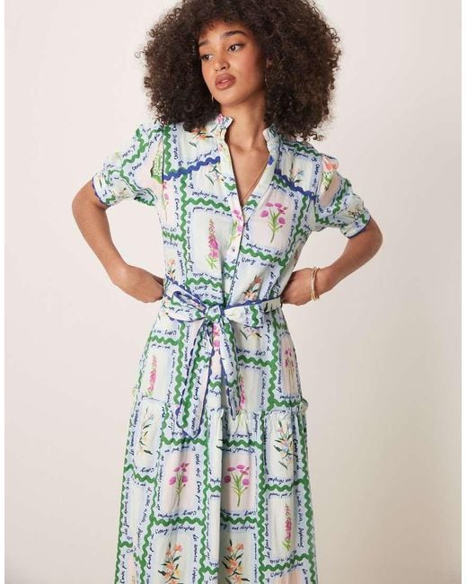Hope & Ivy Blue Button Front Midi Dress With Tiered Skirt And Tie Waist