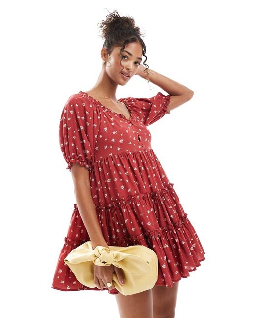 Daisy Street Red Smock Tie Mini Dress