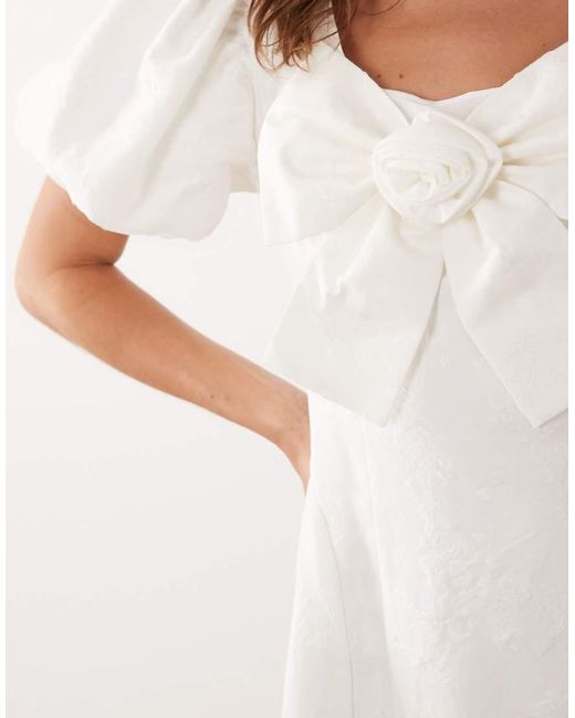 Sister Jane White Klara Jacquard Scoop Neck Puff Sleeve Bow Detail Mini Dress