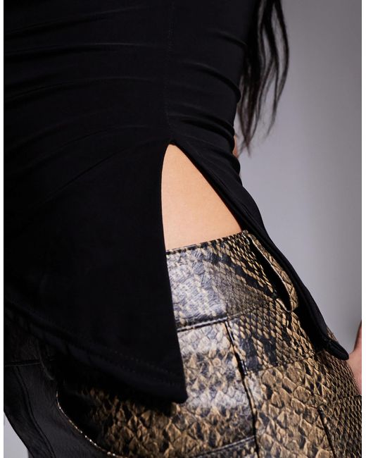 Kaiia Black Exclusive Double Layered Slinky Sleeveless Asymmetric Side Split Top