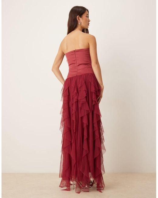 LACE & BEADS Red Bandeau Tulle Ruffle Detail Maxi Dress
