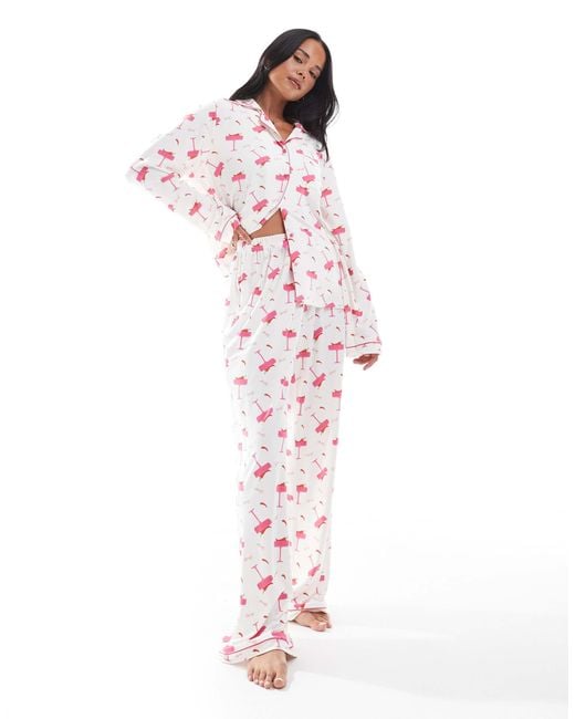 Loungeable Pink Super Soft Jersey Pyjama Revere Top And Wide Leg Pants Set With Piping Detail