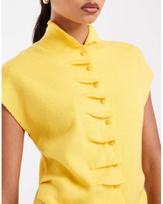 ASOS Yellow Placket Detail High Neck Button Through Top