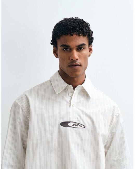 ASOS White Boxy Oversized Poplin Stripe Polo Shirt With Embroidery for men