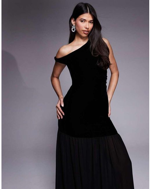 Gina Tricot Black Velvet Twisted Off Shoulder Maxi Dress With Mesh Skirt