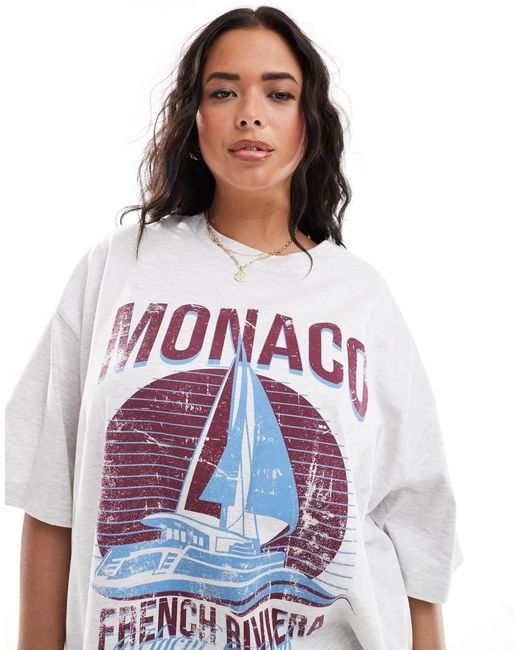 ASOS White Asos Design Curve Boyfriend Fit T-shirt With Monaco Yacht Graphic
