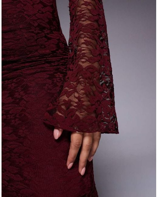 Kaiia Purple Exclusive Lace Cowl Neck Flare Sleeve Thigh Split Maxi Dress