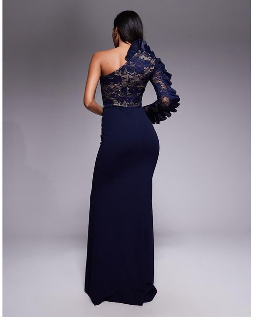 Goddiva Blue One Shoulder Organza Fan Detail Lace Bodice Maxi Dress