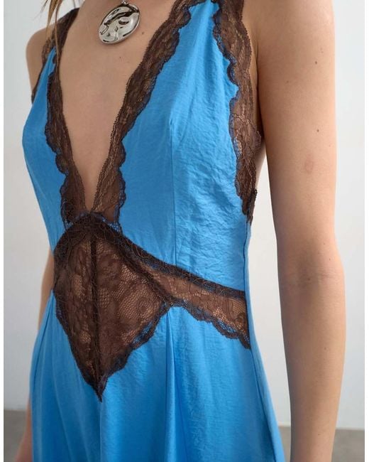 TOPSHOP Blue V-neck Slip Dress With Chocolate Contrast Lace