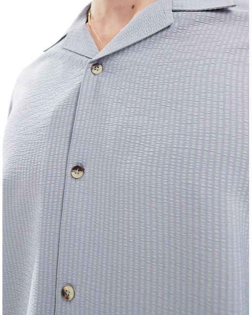 ASOS Blue Short Sleeve Relaxed Fit Revere Collar Textured Shirt for men