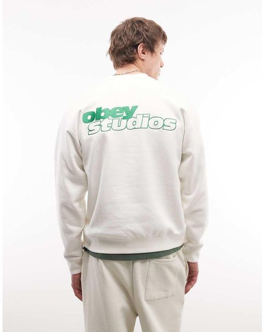 Obey White Tonic Logo Crew Neck Sweatshirt With Back Print for men