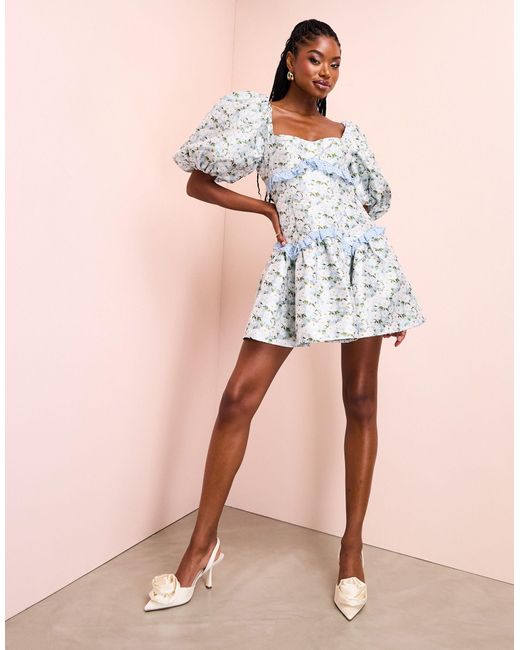 ASOS Blue Jacquard Puff Sleeve Skater Mini Dress With Embroidered Trim