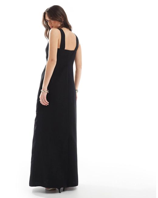 Robe longue à col v et broderie fleur aspect lin 4th & Reckless en coloris Black