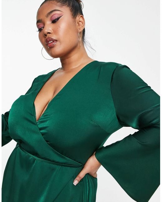 ASOS Green Asos Design Curve Bias Cut Satin Wrap Dress With Tie Waist