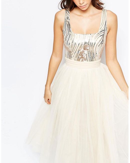 Little Mistress Sequin Midi Dress With Tulle Skirt in Cream (Natural) | Lyst