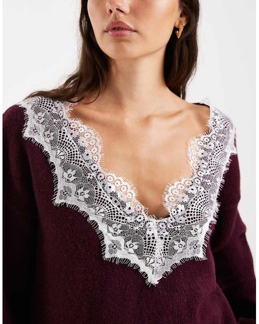ASOS Purple Knitted V Neck Jumper With Lace Trim