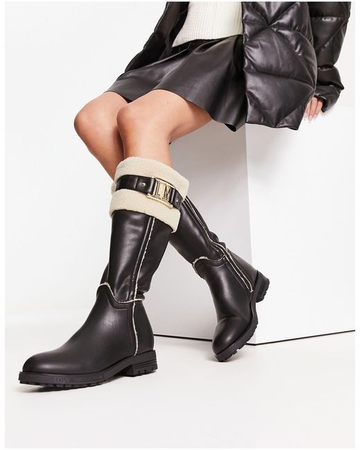 Love Moschino Black Faux Fur Trimmed Knee Boots